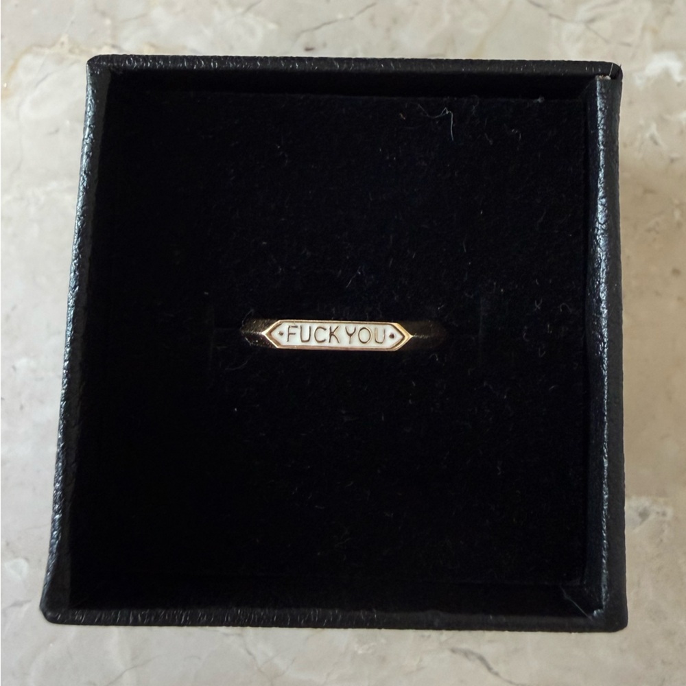 RARE Nora Kogan F*uck You Signet Ring White Enamel 10k Yellow Gold size 5.5